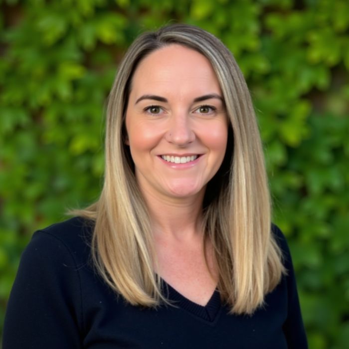 Professional headshot of Lauren Jones, LCSW standing outdoors with greenery in the background.